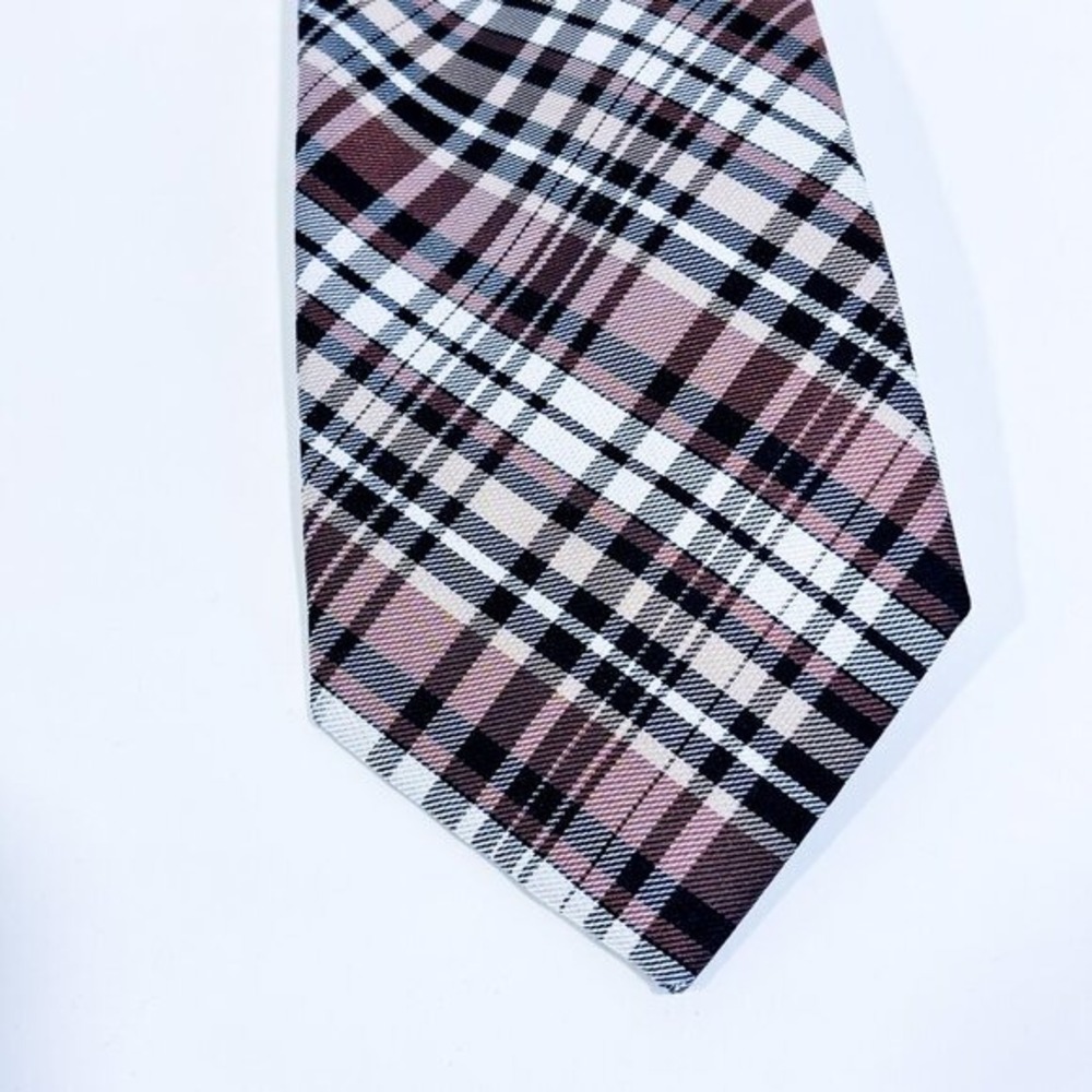 PERRY ELLIS Brown Black Plaid 100% Silk Necktie Preppy‎ Office